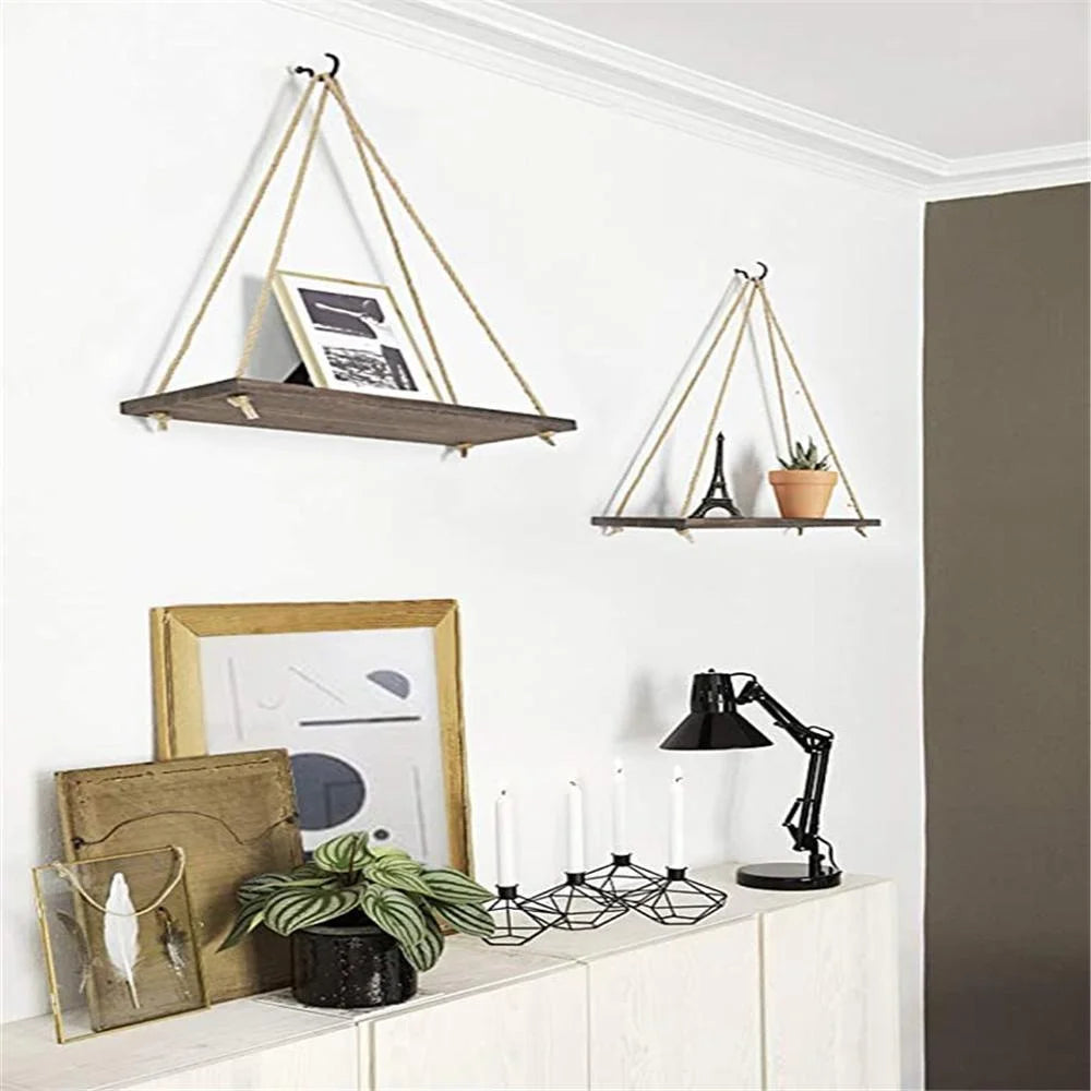 Wood Swing Hanging Rope Wall Mounted Floating Shelves Plant Flower Pot Indoor Outdoor Decoration