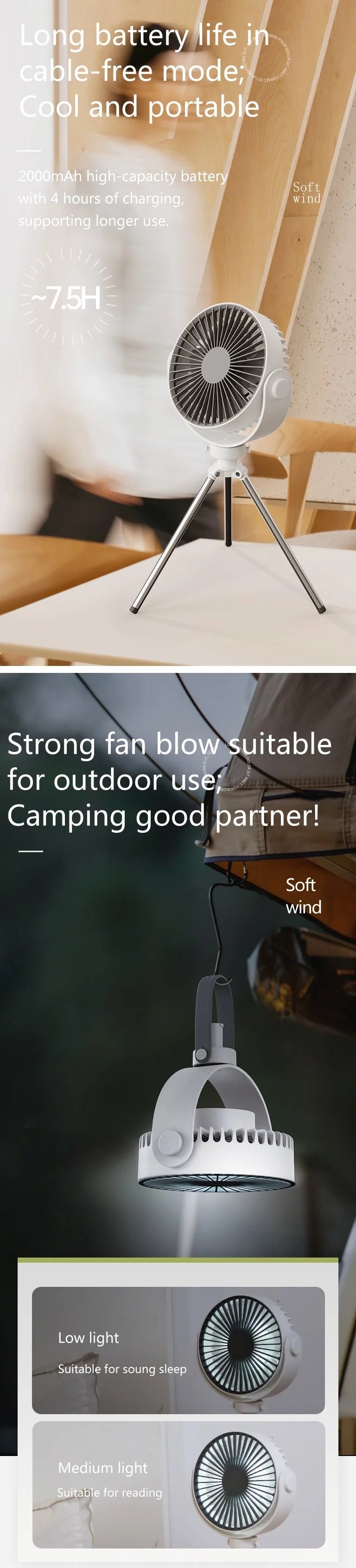 New Home Appliances Portable Tripod Dual Use Fan Ceiling Fan with Rubber Handle and Tripod Bracket Hot Sale Tent Camping Fan