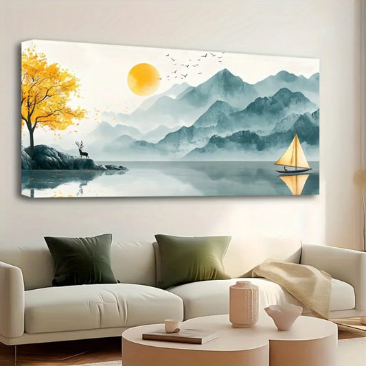 1.5 inch thick pine solid wood frame, landscape poster, sunrise scenery and golden mountain painting, interior decoration
