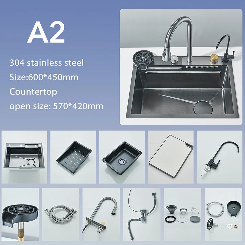 304 Stainless Steel Waterfall Kitchen Sink Sink Large Single basin With Large Single Slot Sink Above Counter With Cup Disher