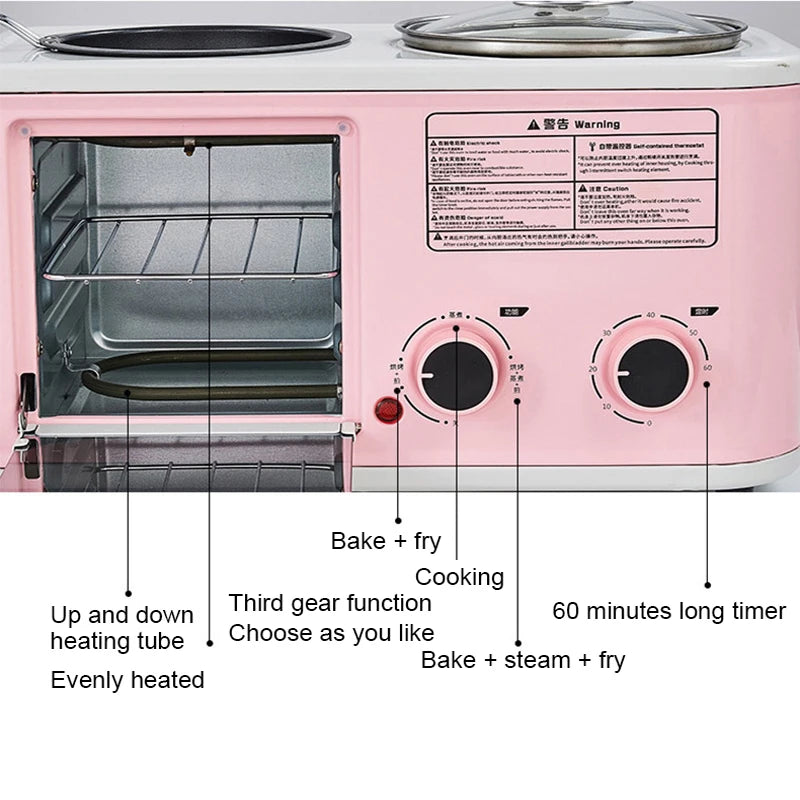 Household Electric 4 in 1 Breakfast Machine Mini Bread Toaster Baking Oven Omelette Fry Pan Hot Pot Boiler Food Steamer