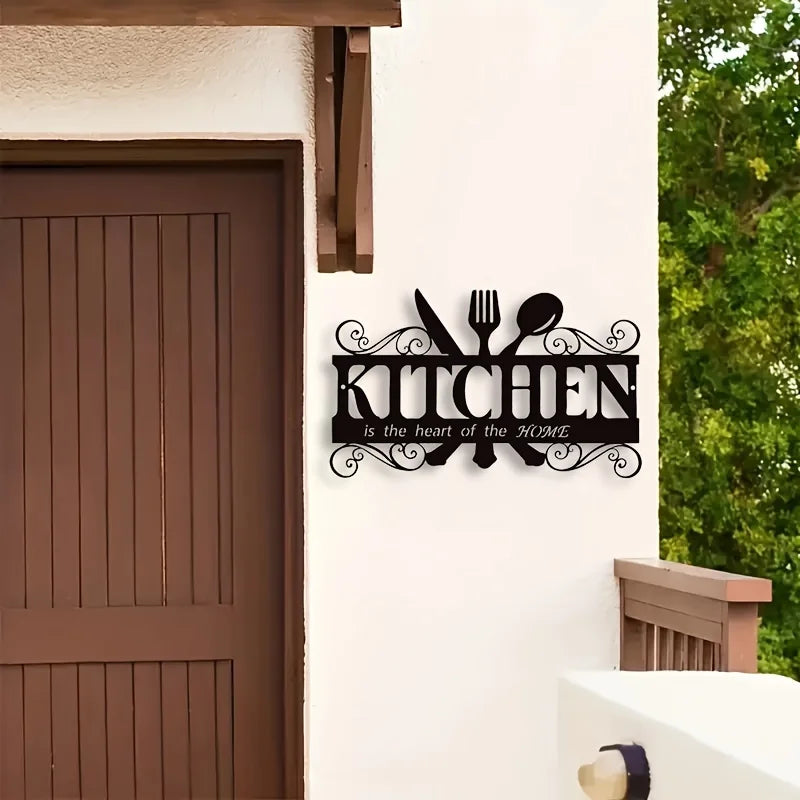 1PC Art Deco Inspired Black Metal Kitchen Wall Art - Elegant Family Theme Hanging Sign with Heartfelt Message, Farmhouse Decor