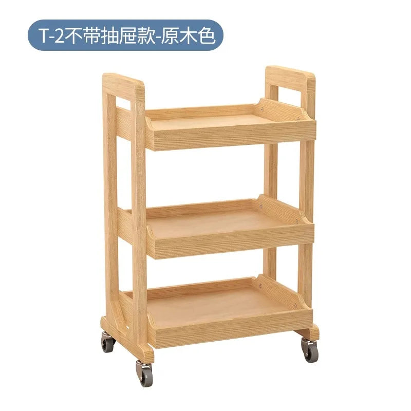 Solid Wood Multifunctional Beauty Salon Trolley Beauty Trolley Three Shelves Tools with Drawers Hair Commercial Furniture
