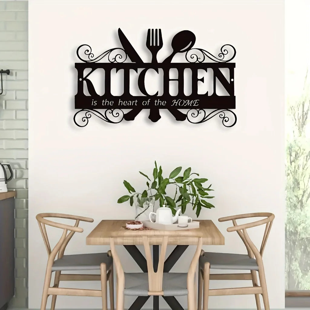 1PC Art Deco Inspired Black Metal Kitchen Wall Art - Elegant Family Theme Hanging Sign with Heartfelt Message, Farmhouse Decor