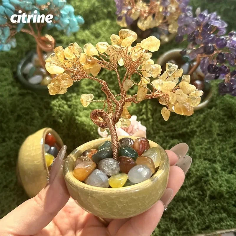 1PC Natural Crystal Tree Energy Stone Citrine Amethyst Money Tree Copper Wire Wrapped Colorful Teabowl Yoga Feng Shui Trees