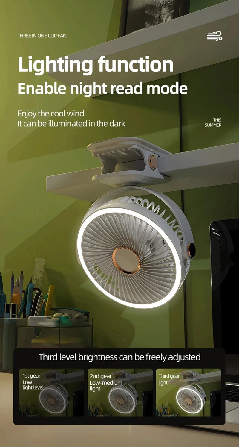 Xiaomi Portable Desktop Fan 3 Wind Speed Quiet Rechargeable Clip-on Air Circulator Wireless Hung Fan With LED Light Camping Home