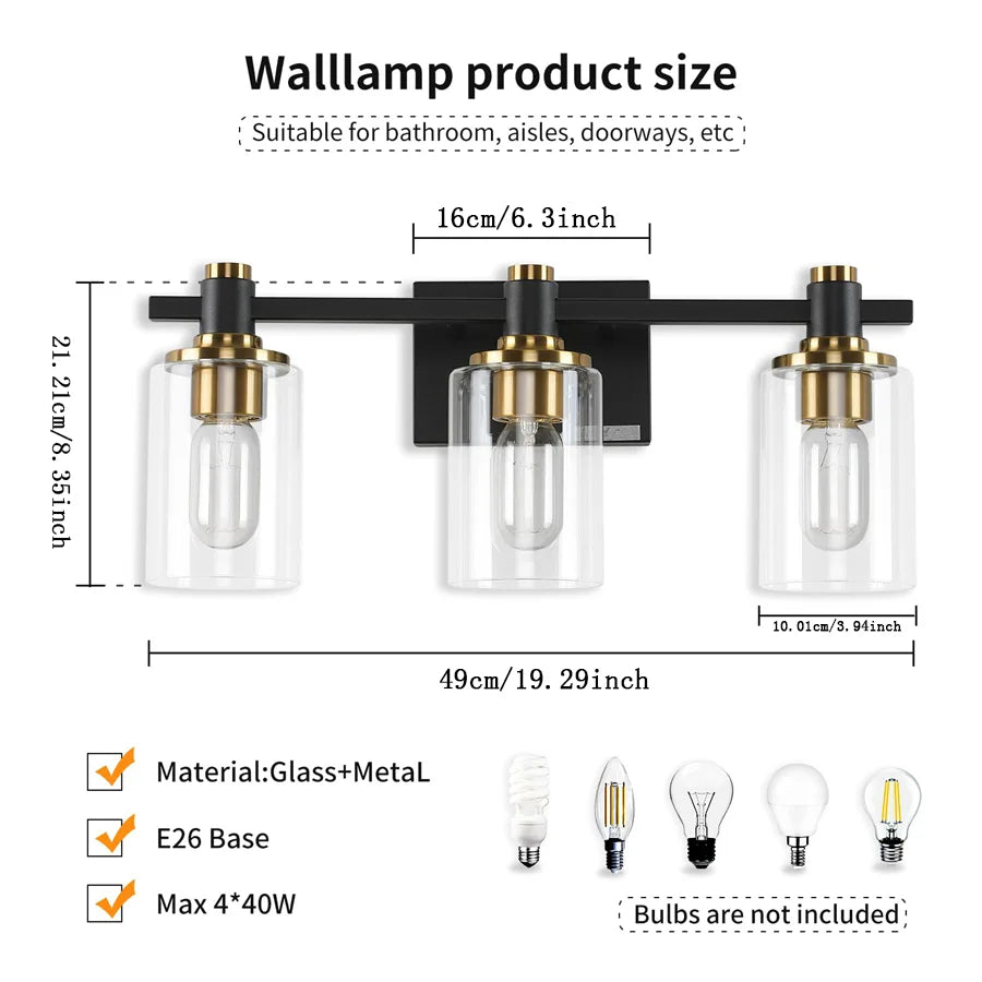 3-Light Modern Bathroom Vanity Light Fixture Above Mirror, Metal & Glass Construction, Hardwired for Easy Installation
