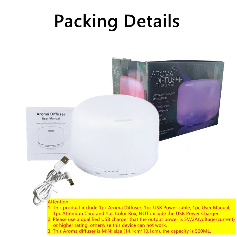500ML Air Humidifier Essential Oil Diffuser Aroma Diffuser With Colorful Night Lights USB Humidifier Mini-Size Humidifier