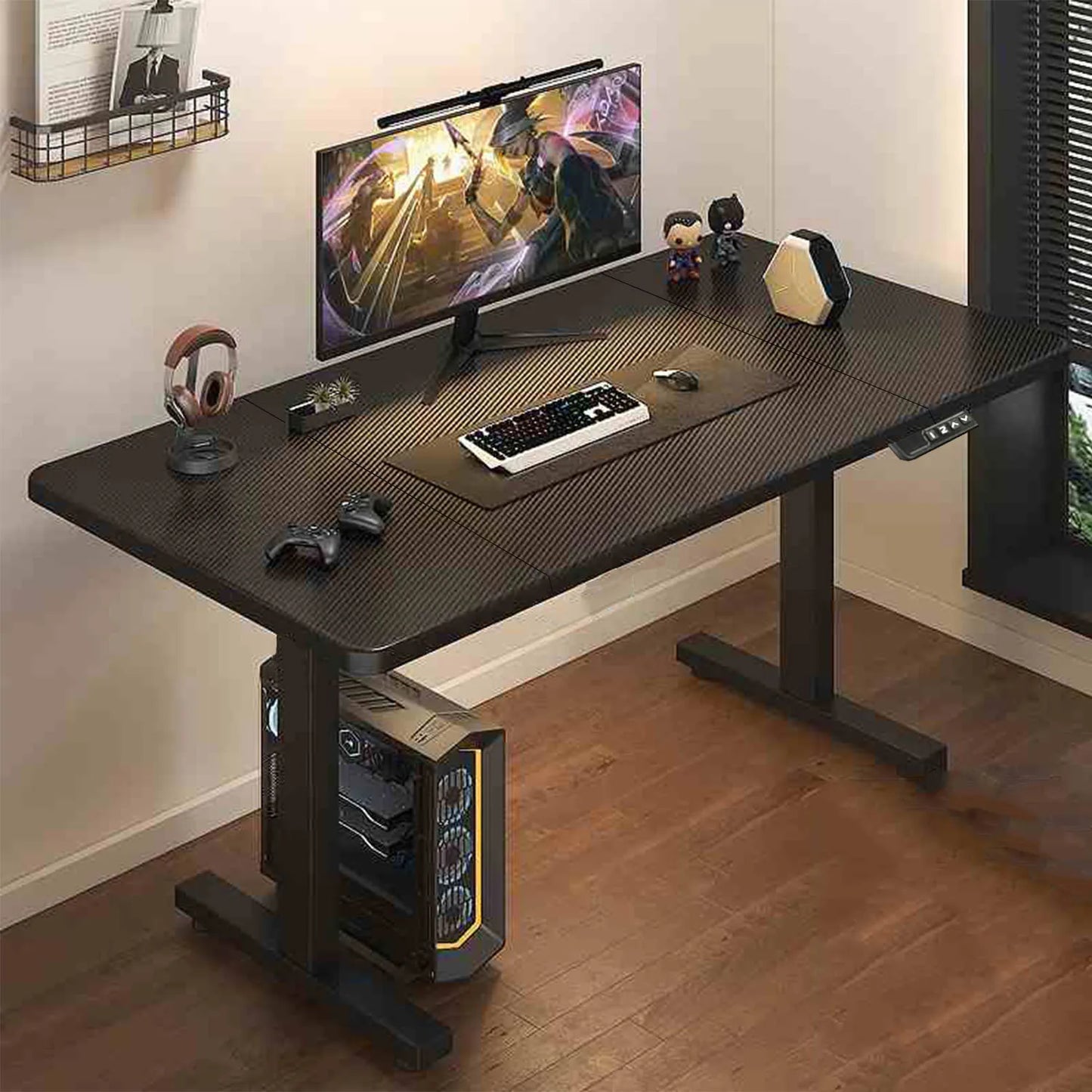 Electric Computer Table Vertical Desk Workstation Integrated Style Desktop Belt Lifting and Lowering Function Computer Desk 140x70cm