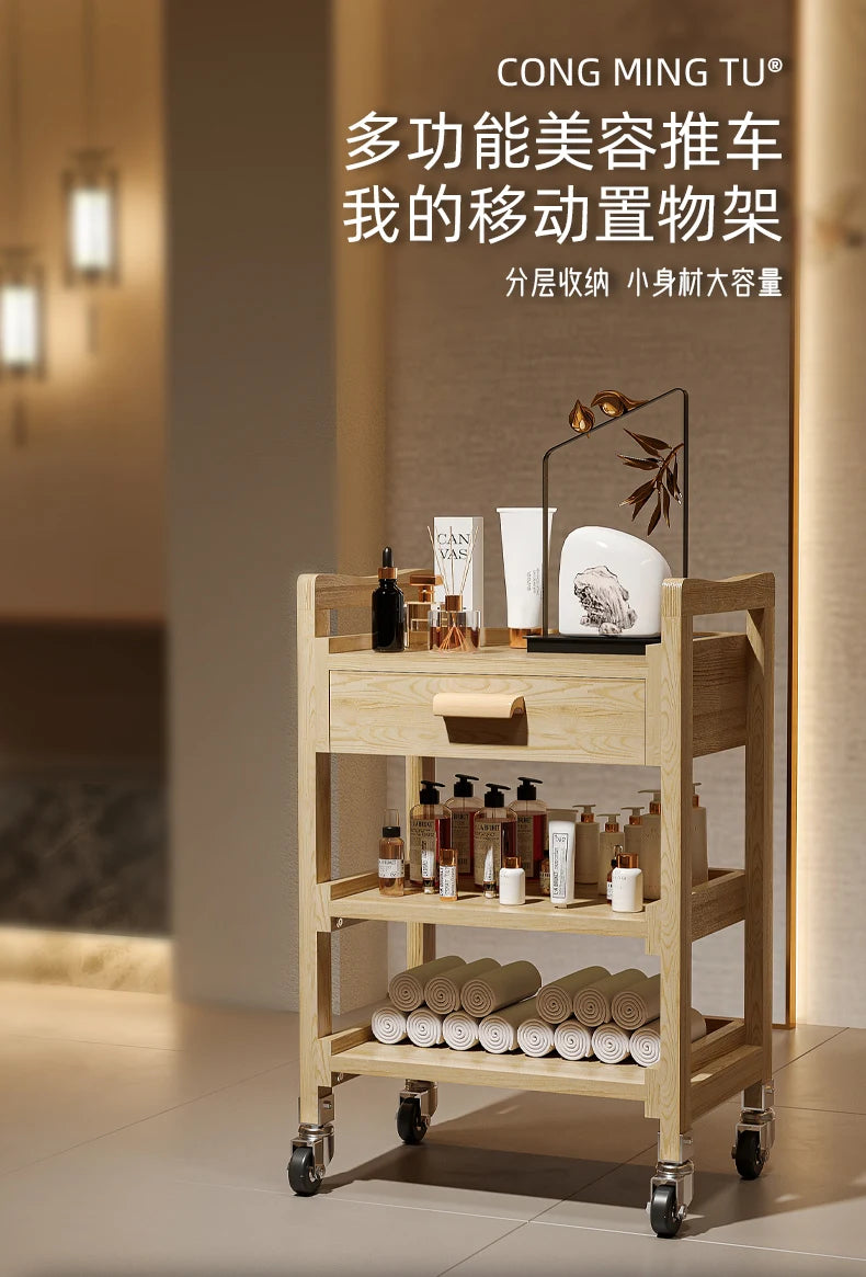 Solid Wood Multifunctional Beauty Salon Trolley Beauty Trolley Three Shelves Tools with Drawers Hair Commercial Furniture