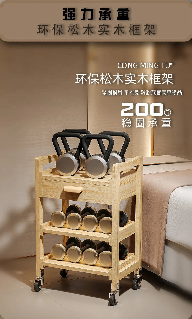 Solid Wood Multifunctional Beauty Salon Trolley Beauty Trolley Three Shelves Tools with Drawers Hair Commercial Furniture