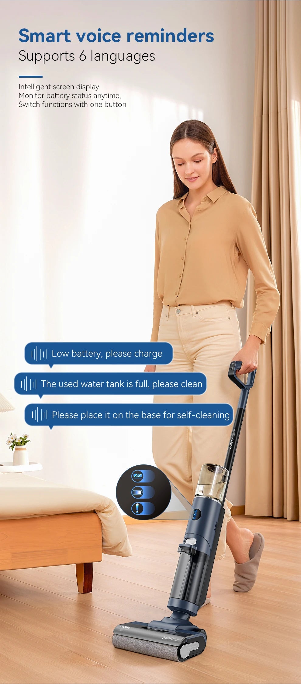 JONR ED12 Pro Cordless Vacuum Cleaner Wet & Dry Vertical Vacuum Cleaner with Hot Air Dry Self-Cleaning For Smart Home Appliances