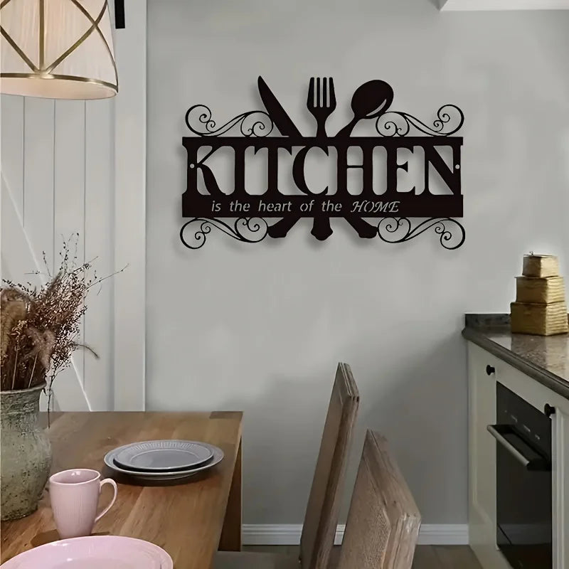1PC Art Deco Inspired Black Metal Kitchen Wall Art - Elegant Family Theme Hanging Sign with Heartfelt Message, Farmhouse Decor