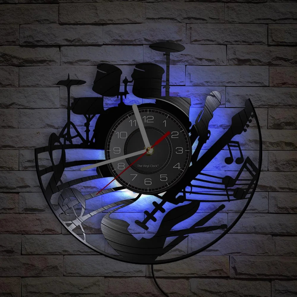 Guitar and Drum Kits Wall Clock Guitar Player Music Vinyl Record Clock Rock Music Instrument Guitar Wall Art Rock n Rock Gift