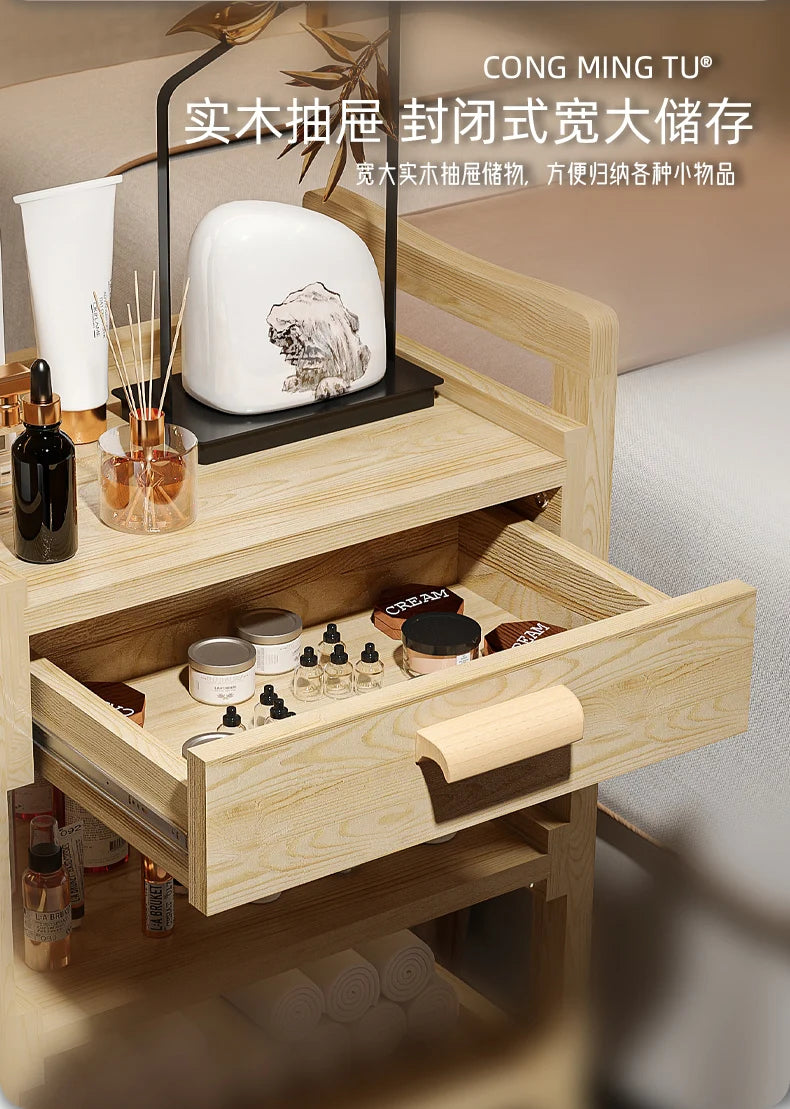 Solid Wood Multifunctional Beauty Salon Trolley Beauty Trolley Three Shelves Tools with Drawers Hair Commercial Furniture