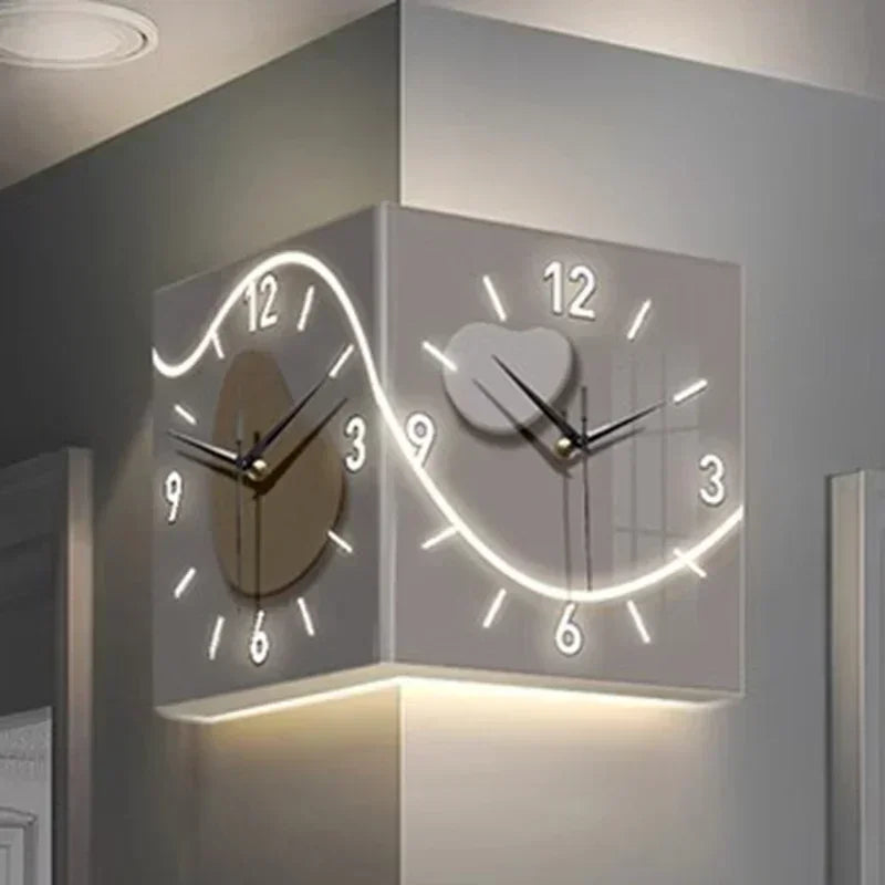 Double-sided Wall Clock Creative Living Room Mural Corner Corner Clocks Modern Art LED Light Wall Clock Hanging Decoration