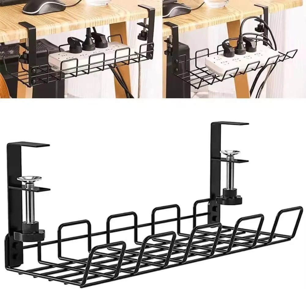 Under Table Storage Rack Metal Cable Management Tray Home Office Desk Wire Organizer No Punching Kitchen Storage Accessories