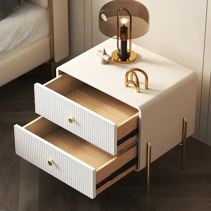 Modern Nightstand with Faux PU Leather, Bedside Table Furniture 2 Drawers, End Table with Metal Legs for Bedroom, Living Room