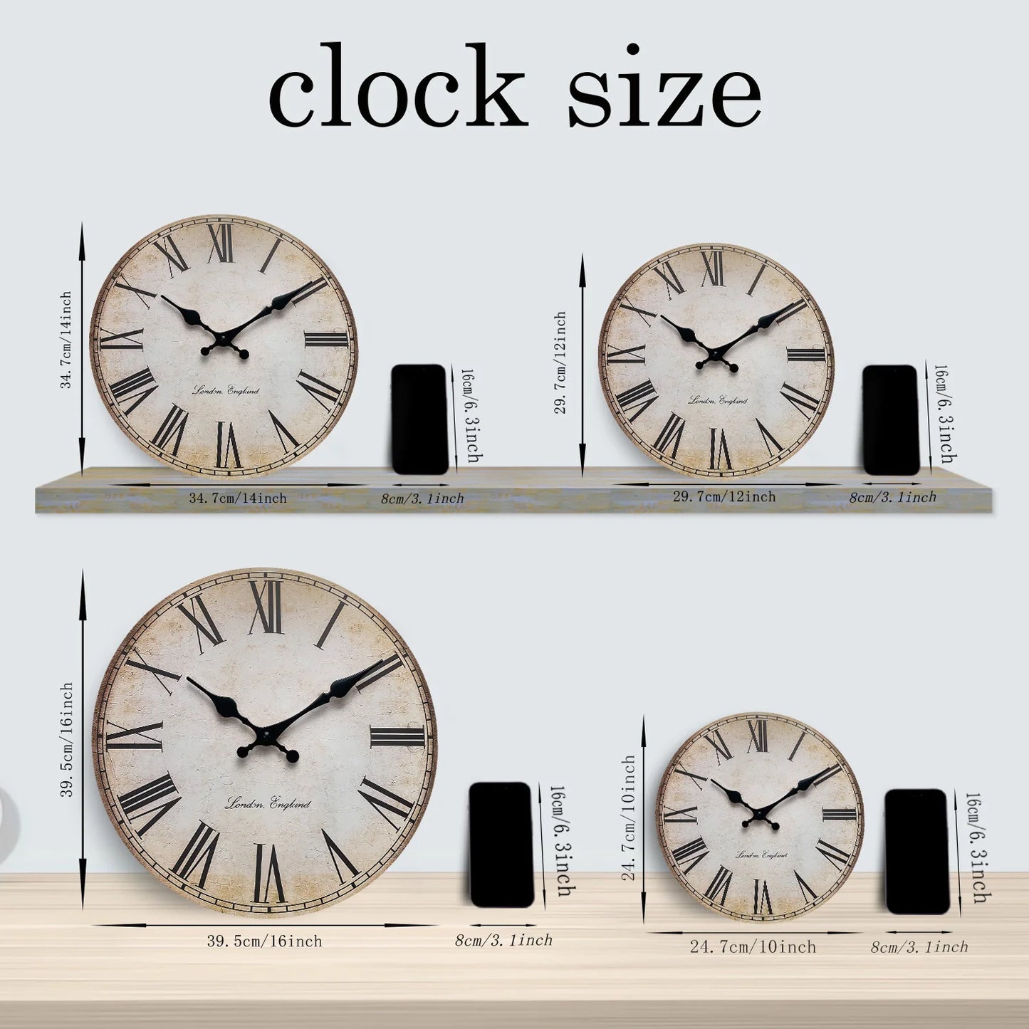 European Retro Roman Numeral Wooden Wall Clock Living Room Bedroom Kitchen Home Decoration Clock Wall Clock Silent Quartz Clock Holiday Gift 10 Inches 12 Inches 14 Inches 16inch (Without Batteries)