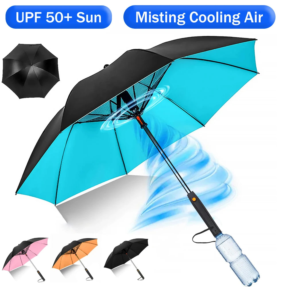 Sun Umbrella with Fan Misting,Portable Fan for UPF 50+ Sun,Cooling Umbrella,Summer Cooler for Outdoor Beach,Battery Powered