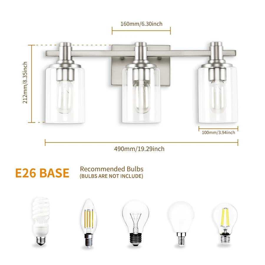 3-Light Modern Bathroom Vanity Light Fixture Above Mirror, Metal & Glass Construction, Hardwired for Easy Installation