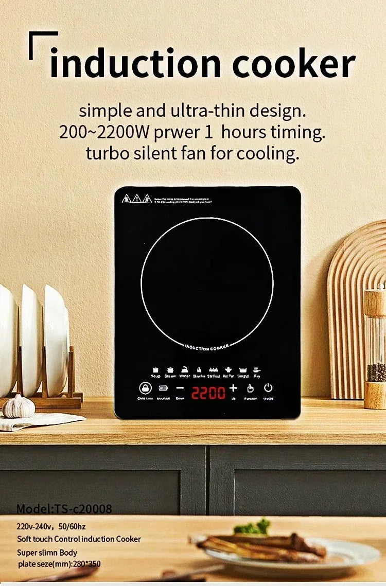 EU/UK/US Multifunctional Portable 2200W High-power Electric Induction Cooktop 110V/220V Home Kitchen Touch Panel Desktop Burner