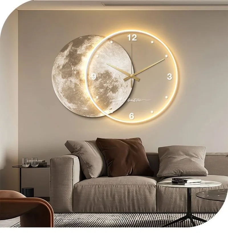 Large Dining Room Living Room Wall Clock Luxury Moon The Earth Modelling LED Light Silent Movement Bedroom Wall Decoration Gift