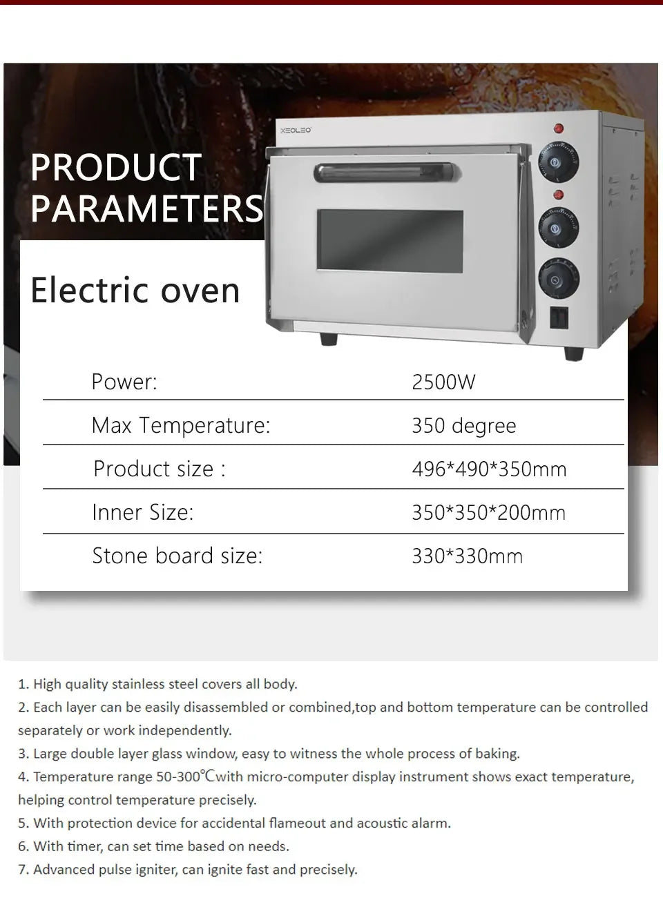 XEOLEO 13' Electric Pizza Oven 2500W Toaster Baker Oven Single Heighten Layer Baking Machine Commercial Baking Oven With Stone