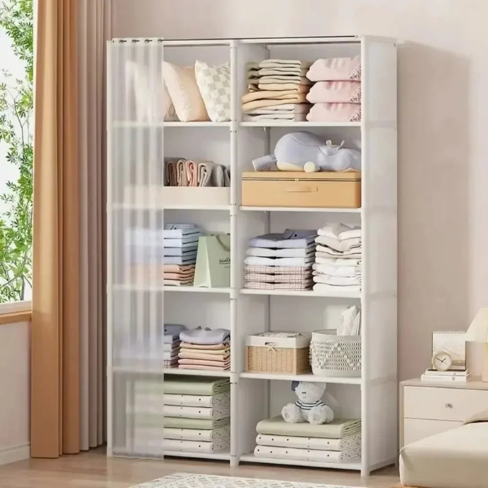 Multifunctional Dustproof Cabinet Easy Assembly Portable Clothes Organizer Cabinet with Curtains Multipurpose She Book Holder