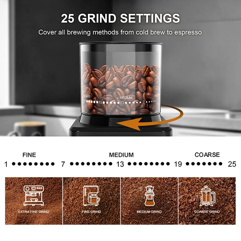 Coffee Bean Grinder Automatic Conical Burr Grinder 25 Precise Grindings with Powder Blower for Espresso French Coffee 2-12 Cups