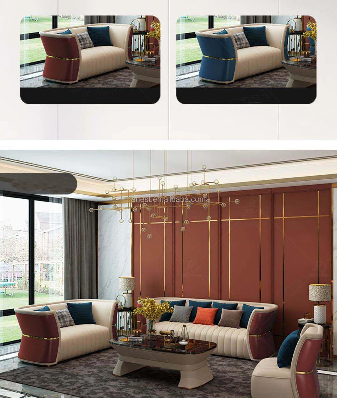 Modern European Style Luxury Villa Living Room Leather Sofa Set With Coffee Table TV Stand Furniture