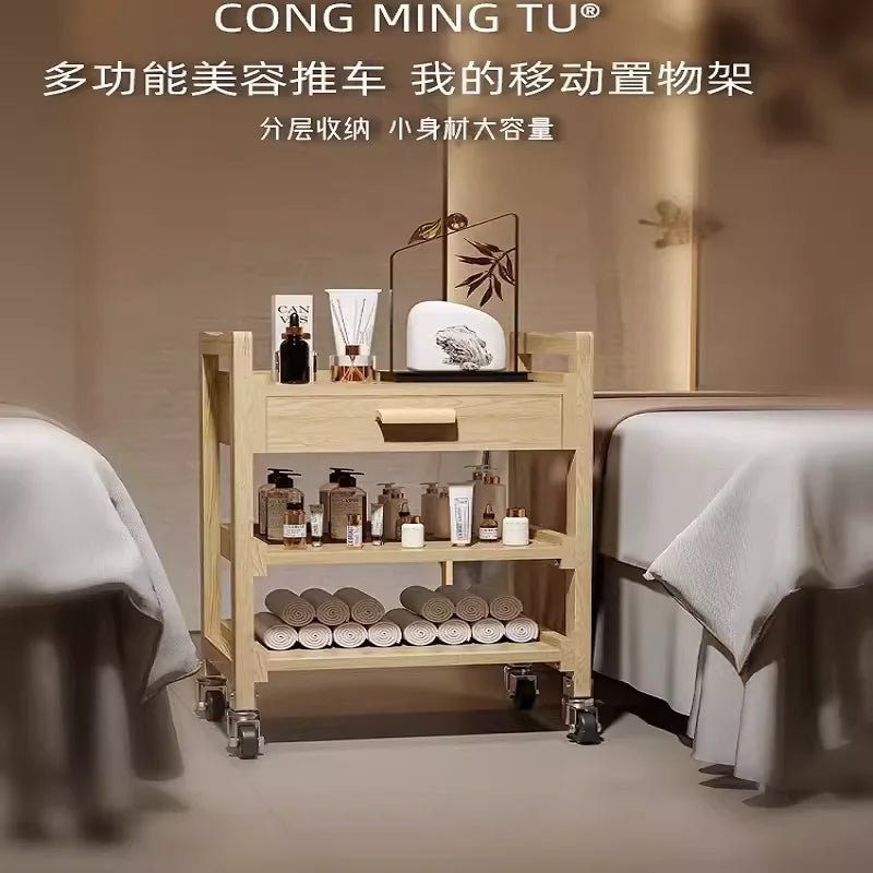 Solid Wood Multifunctional Beauty Salon Trolley Beauty Trolley Three Shelves Tools with Drawers Hair Commercial Furniture