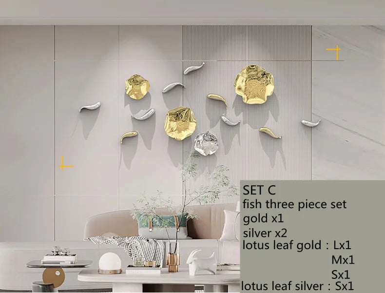 Stereo Resin Background Wall Decoration Carp Fish Lotus Leaf Gold Wall Pendant Chinese Bionics Home Decoration Accessories