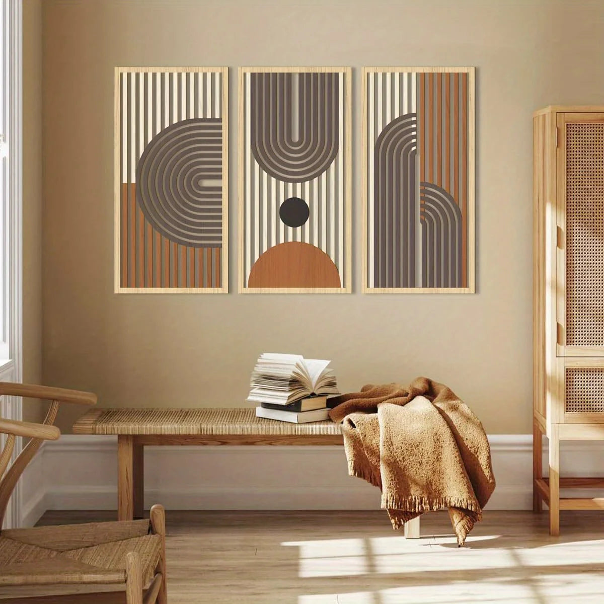 3PCS Modern Line Hollow Wooden Art Wall Decor, Abstract Geometric Wall Sculptures, Wall Decor for Bedroom Living Room Office