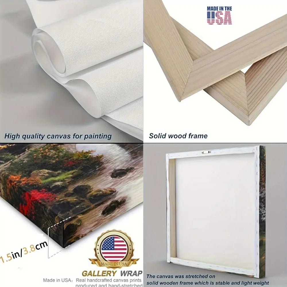 1.5 inch thick pine solid wood frame, landscape poster, sunrise scenery and golden mountain painting, interior decoration
