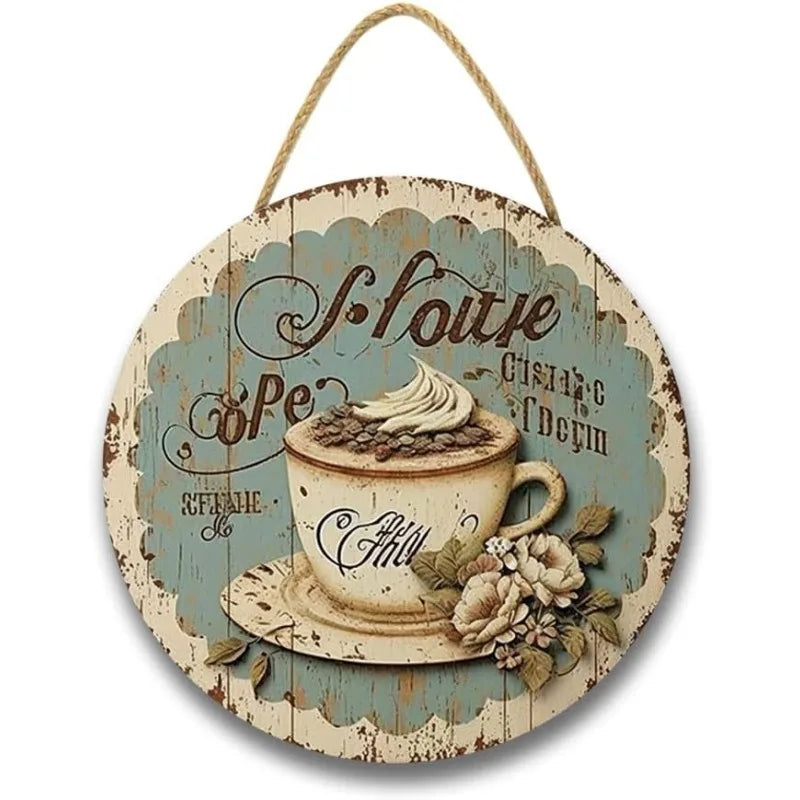 Coffee Themed Wall Decor - Blue & White Shabby Chic Wooden Sign, Rustic Coffee Cup Hanging Plaque for Kitchen & Dining Room