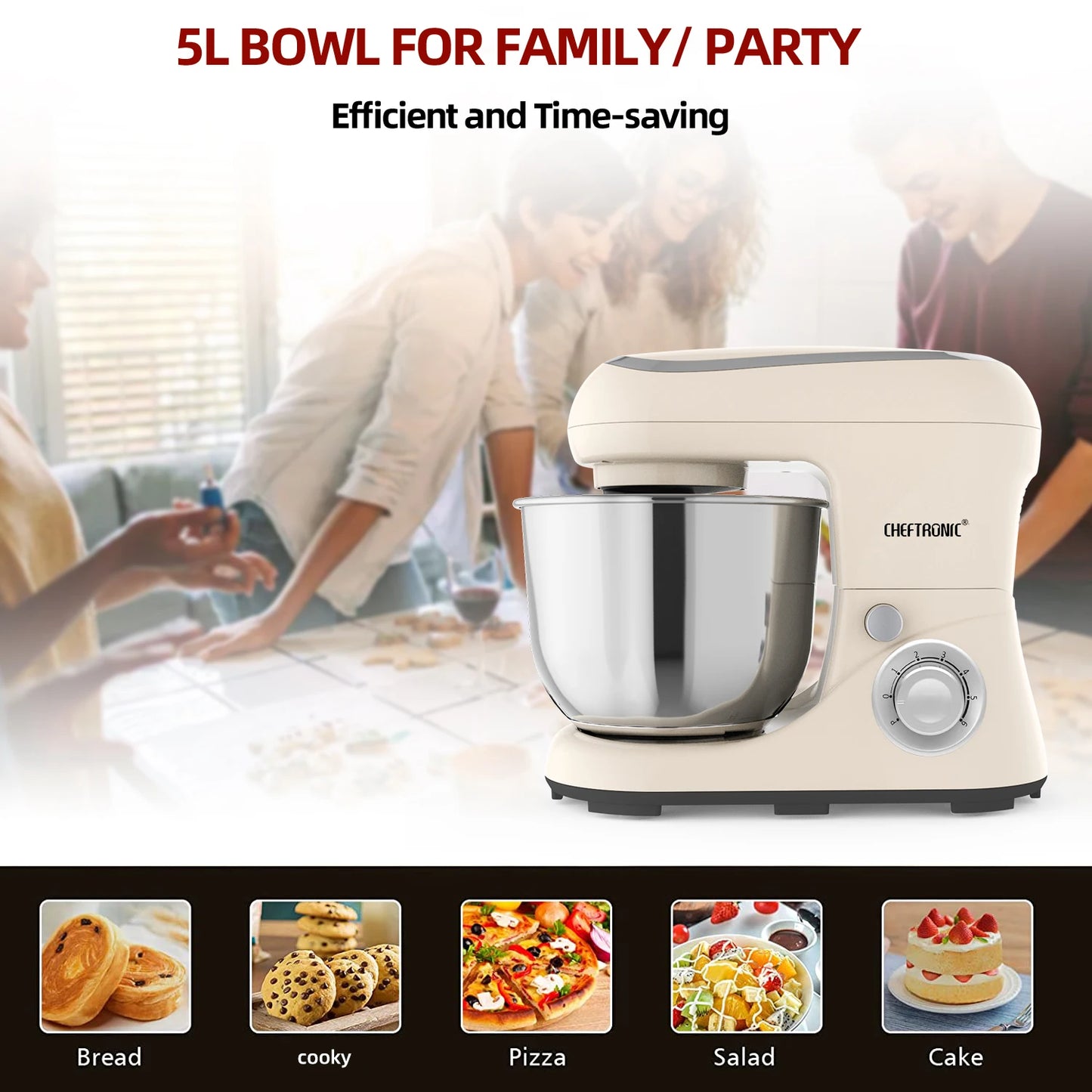 1pc Stand Mixer, 5L Tilt-Head Electric Household - 1300W 6+P electric blender, Food Beater And Butter Beater, EC Plug