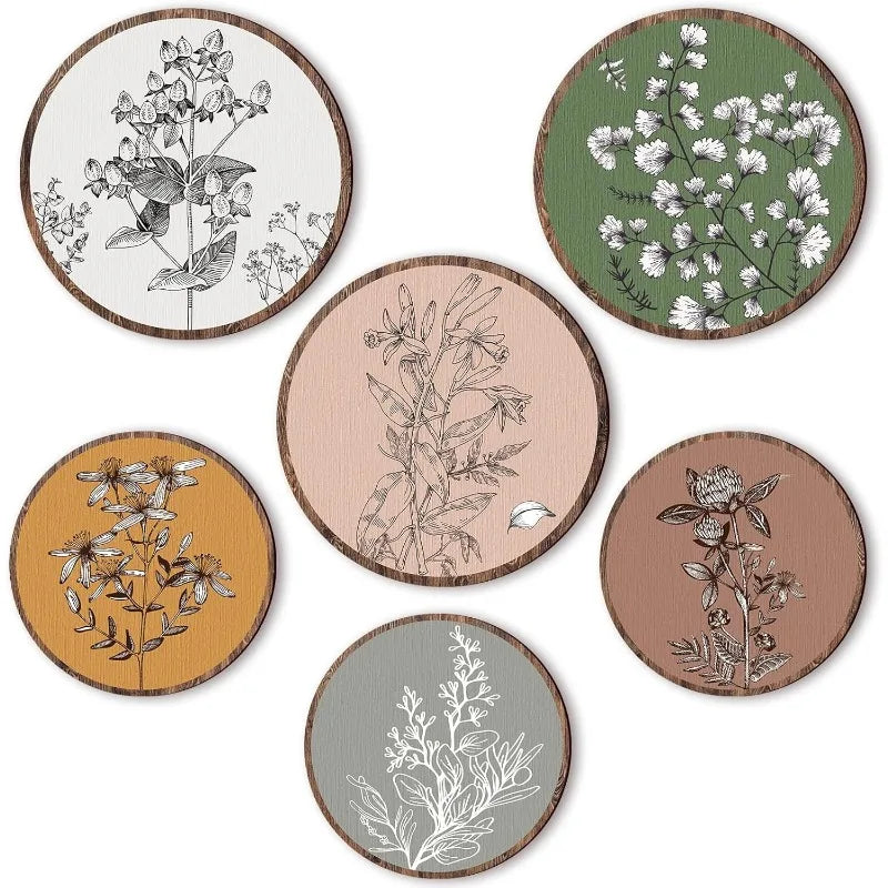 6Pcs Wooden Boho Wall Art, Bohemian Plant Hanging Decor, Rustic Farmhouse Wall Decor for Living Room, Bedroom & Office