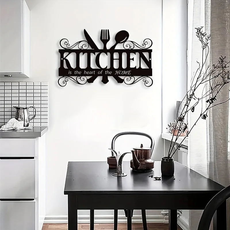 1PC Art Deco Inspired Black Metal Kitchen Wall Art - Elegant Family Theme Hanging Sign with Heartfelt Message, Farmhouse Decor