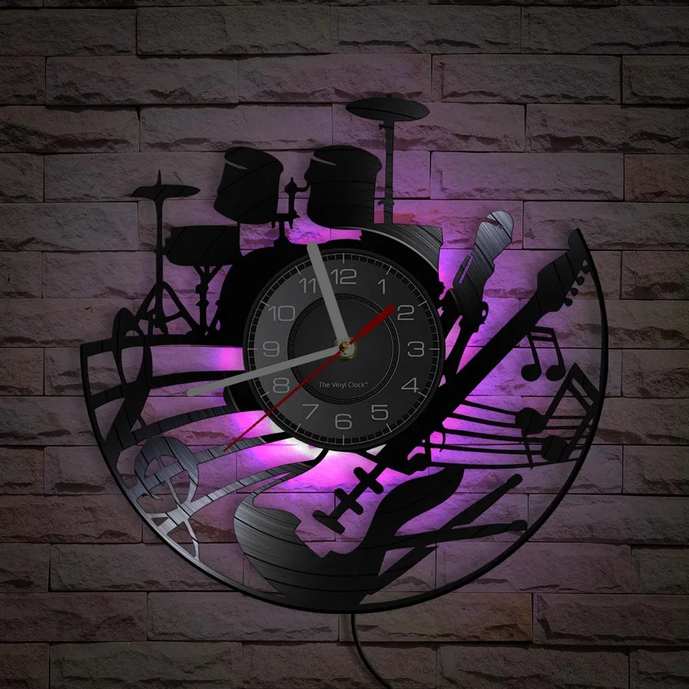 Guitar and Drum Kits Wall Clock Guitar Player Music Vinyl Record Clock Rock Music Instrument Guitar Wall Art Rock n Rock Gift
