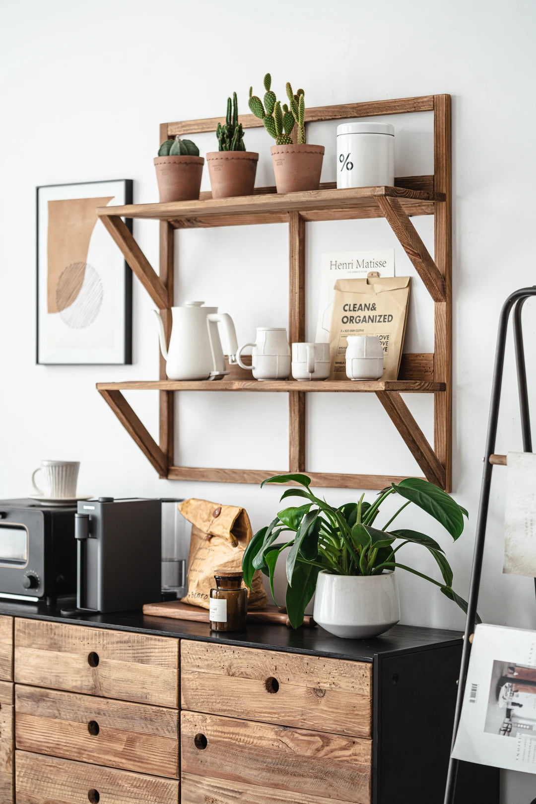 Wall Hanging Mounted Double Layer Display Rack, Teapot Storage, Solid Wood, Floating Shelves, Living Room Furniture