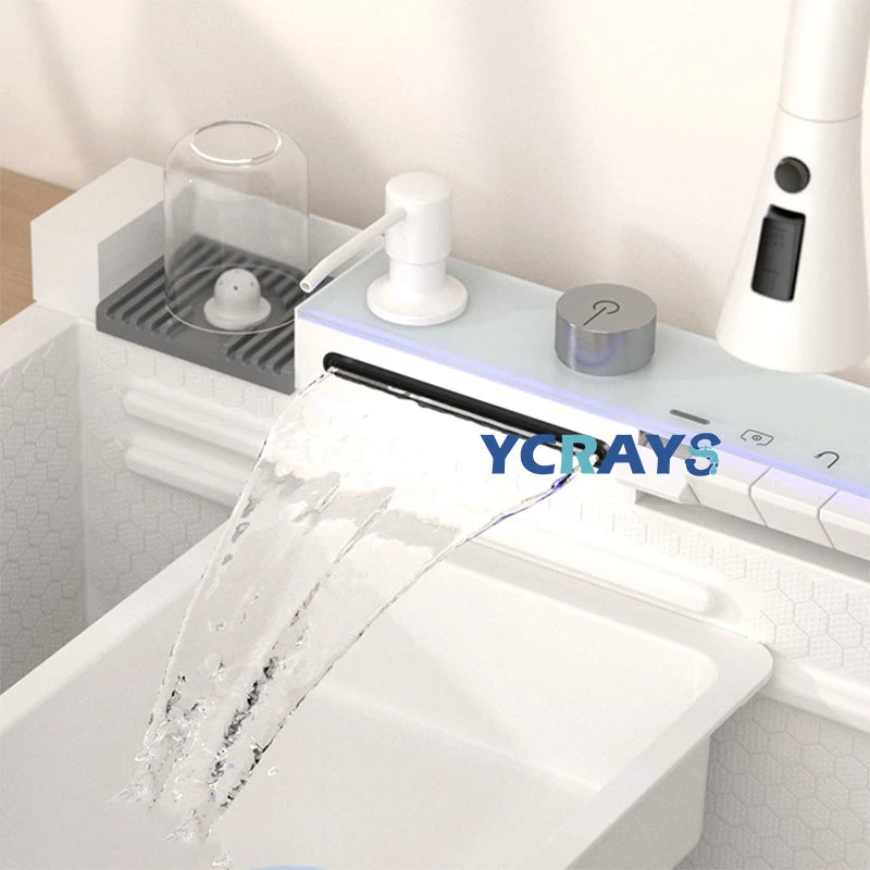 YCRAYS Gold Waterfall Multifunctional Kitchen Sink Large Single Slot Integrated Digital Display Faucet Soap Dispenser Cup Washer