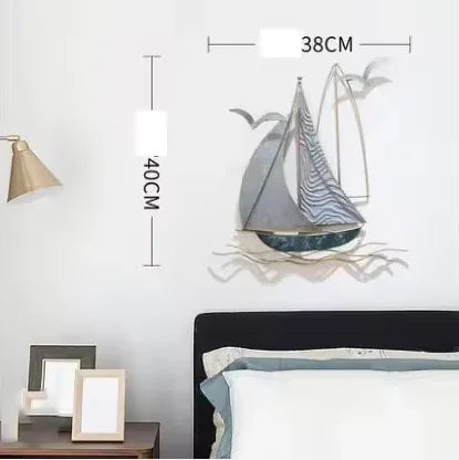 Modern Wrought Iron Sailboat Wall Mural Hotel 3D Wall Sticker Decoration Home Livingroom Background Wall Hanging Ornament Crafts