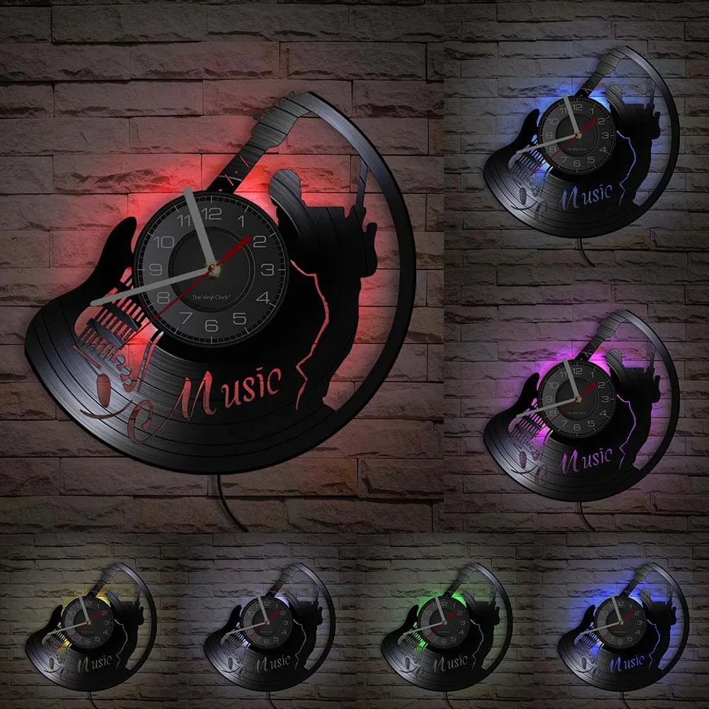 Guitar and Drum Kits Wall Clock Guitar Player Music Vinyl Record Clock Rock Music Instrument Guitar Wall Art Rock n Rock Gift