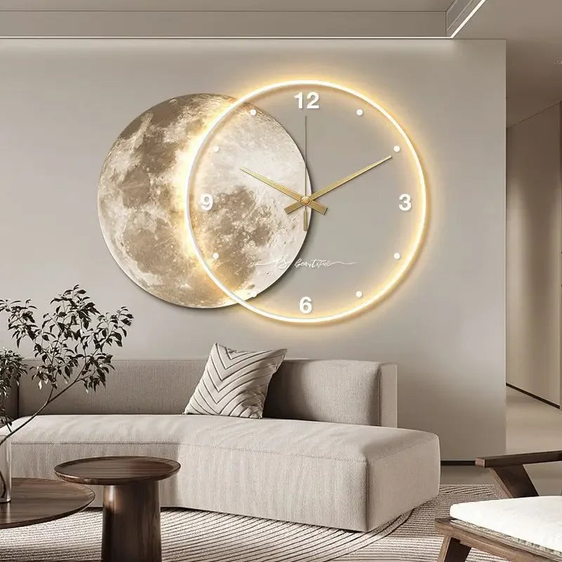 Large Dining Room Living Room Wall Clock Luxury Moon The Earth Modelling LED Light Silent Movement Bedroom Wall Decoration Gift