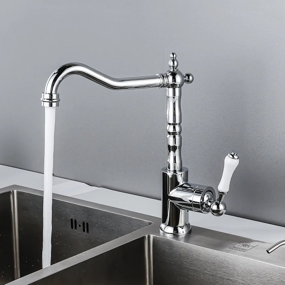 Brass Kitchen Faucet Ceramic Handle Deck Mount Bathroom Basin Faucet 360 Rotate Mixer Taps Hot Cold Water Faucet Crane