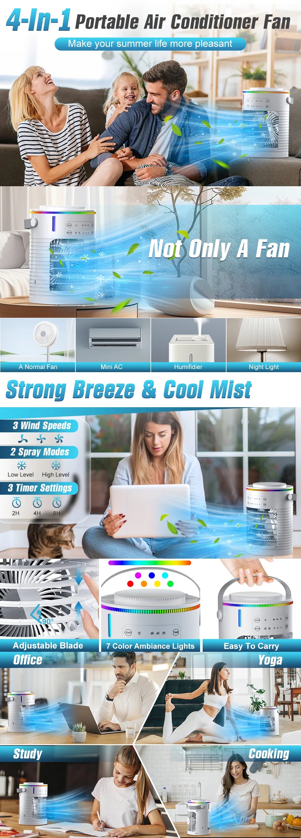 Household Air Conditioner LED Night Light Air Cooler Fan Portable Humidifier Desktop Mist Cooling Fan For Office Home Mini Fan