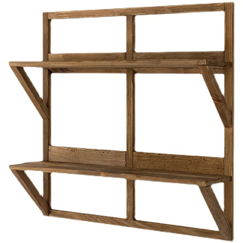 Wall Hanging Mounted Double Layer Display Rack, Teapot Storage, Solid Wood, Floating Shelves, Living Room Furniture