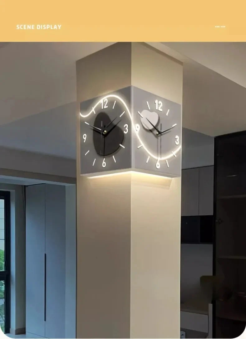 Double-sided Wall Clock Creative Living Room Mural Corner Corner Clocks Modern Art LED Light Wall Clock Hanging Decoration