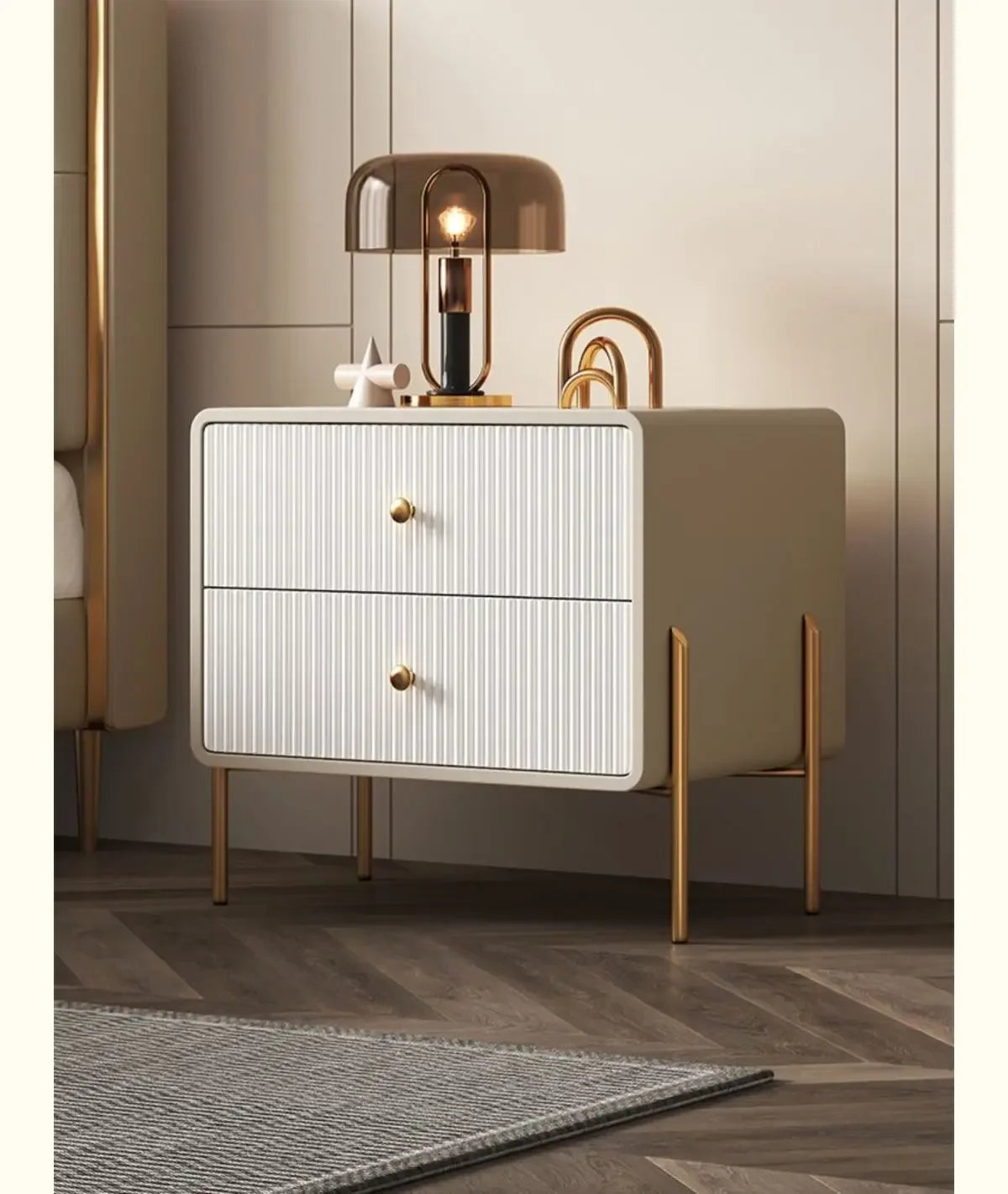 Modern Nightstand with Faux PU Leather, Bedside Table Furniture 2 Drawers, End Table with Metal Legs for Bedroom, Living Room